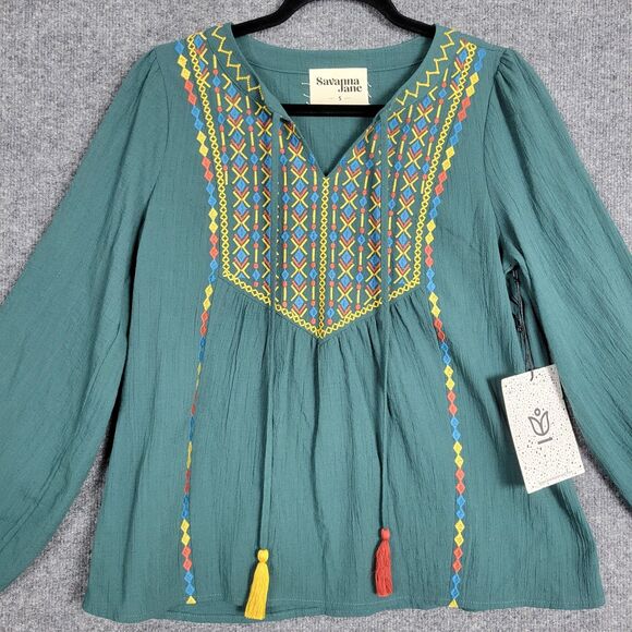 Savanna Jane Top Women's Size S Green Bohemian Embroidered Colorful Tassel 17868 - Picture 4 of 12